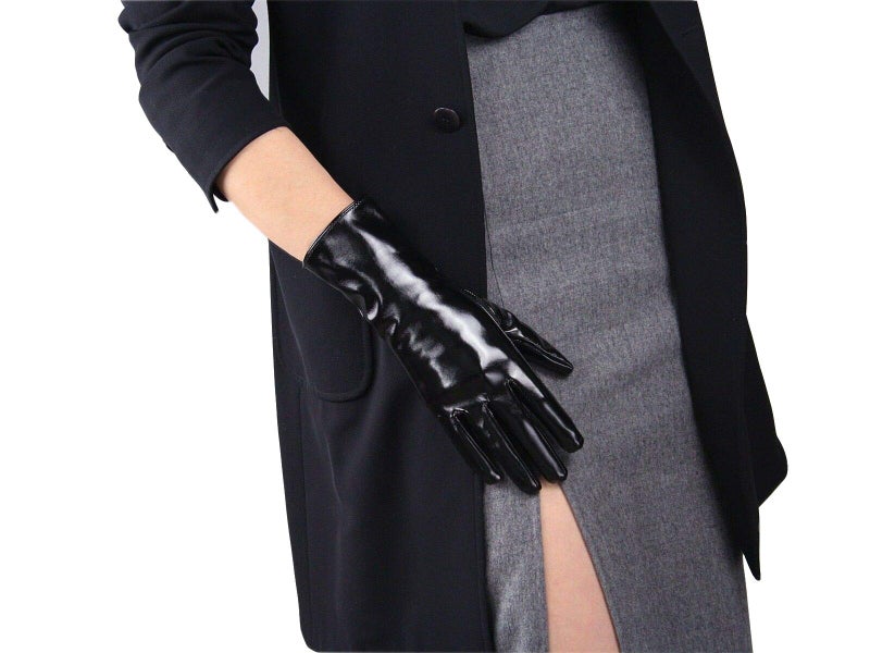 DooWay Black Latex Women Short Gloves 11-inch 28cm Shine PU Leather Faux Patent Everyday Fashion Warm Gold Weather Gloves - Image 4